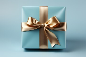 Top view of a beautifully wrapped gift with a blue ribbon on a serene blue background, Generative AI