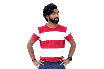 Fototapeta premium a man with a beard and a red and white shirt is standing with his hands on his hips and his hands on his hips