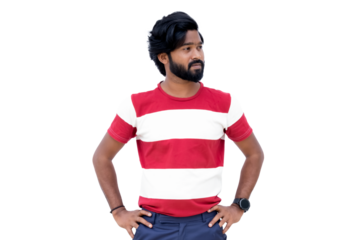a man with a beard and a red and white shirt is standing with his hands on his hips and his hands on his hips
