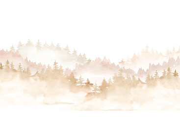 watercolor misty landscape with rocks fog and pine trees, fall mountain clipart, landscape background clipart, trees mountains clipart for greeting cards, save the date, stationery design