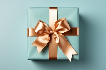 Top view of a beautifully wrapped gift with a blue, Generative AI