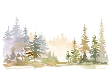 watercolor misty landscape with rocks fog and pine trees, fall mountain clipart, landscape background clipart, trees mountains clipart for greeting cards, save the date, stationery design