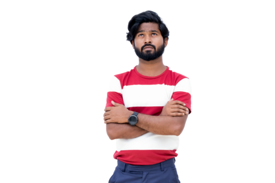 a man with a beard and a red shirt is standing with his arms crossed and his arms crossed behind his chest - Powered by Adobe