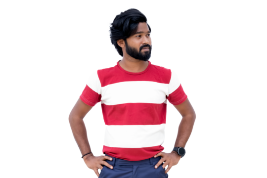 a man with a beard and a red and white shirt is standing with his hands on his hips and his hands on his hips
