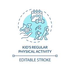 2D editable thin line icon kids regular physical activity concept, isolated monochromatic vector, blue illustration representing parenting children with health issues.