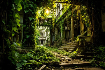 Nature has grown over old buildings and streets. broken things and the beauty of nature mix together. 