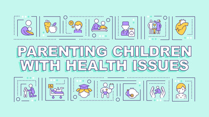 Parenting children with health issues text various thin line icons concept on monochromatic background, editable 2D vector illustration.