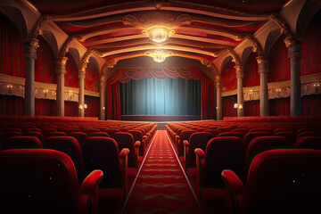 Empty of cinema in blue color with white blank screen, the auditorium in a movie theater with red leather seats