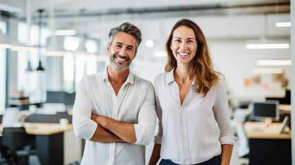 Obraz premium Portrait of smiling mature Hispanic Latin business man and European business woman standing arms crossed in office. Two diverse colleagues, group team of confident professional business people.