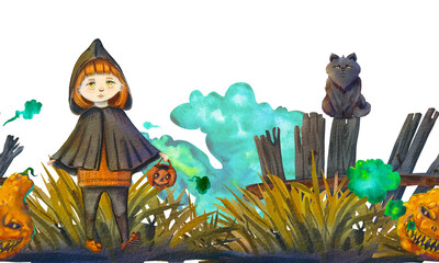 Seamless banner with a witch, a cat and a scary pumpkin. Watercolor illustration for the Halloween holiday. Wooden old fence. A cloud of magic smoke. A piece of dry grass. Suitable for decoration