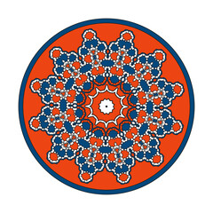 Openwork mandala with a contrasting combination of colors - orange, blue, white. Circular ornament, decorative element. Vector illustration