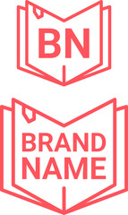 2D book shop thin line logo with brand name. Simple red icon. Creative design element and visual identity. Suitable for book, literature, store, shopping, library.