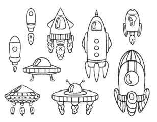 Rolgordijnen zonder boren Ruimteschip Set of doodle rockets, transport in space. Coloring book for children. Vector graphics, human cars and aliens