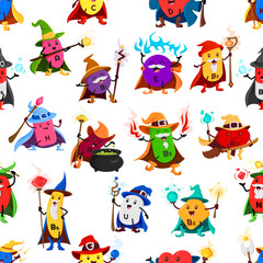Fototapeta premium Cartoon vitamin wizard characters seamless pattern