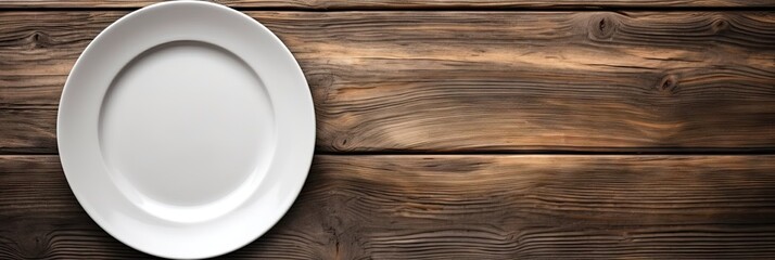Fototapeta na wymiar Rustic elegance. Empty white plate on vintage wooden table top view. Dining awaits with copy space