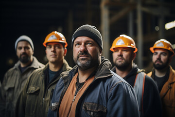 Portrait of a group of industrial workers on a construction site.. ia generated
