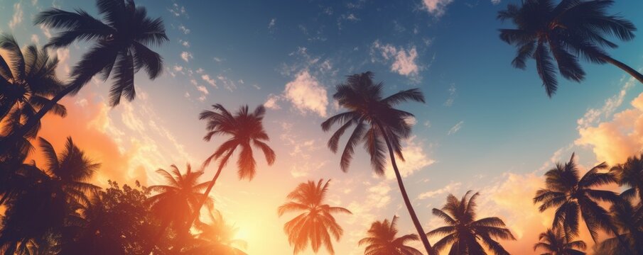 tropical palm trees background on beautiful sunset