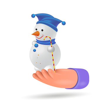 Cartoon hand holding a snowman, vector image on a white background.
