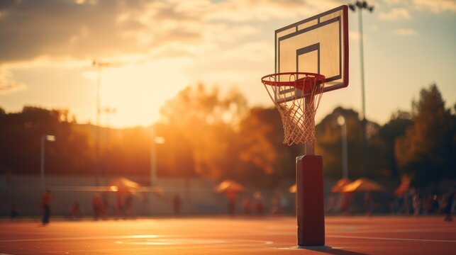 Basketball arena, stadium, playground outdoors with sunset light. No people. nature background. Sport, game