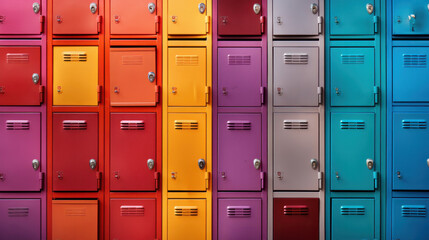 Front view of a stack of colorful metal school lockers with combination locks and doors.background  - obrazy, fototapety, plakaty