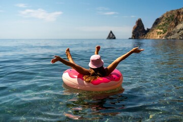 Summer vacation woman in hat floats on an inflatable donut mattress. Happy woman relaxing and enjoying family summer travel holidays travel on the sea.