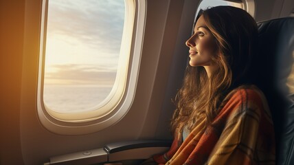 A young modern cute woman in the passenger seat looks out the windows of the airplane. girl traveler flies on a plane AI. - Powered by Adobe