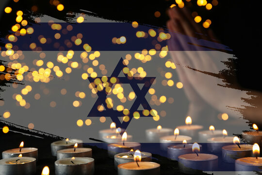 Poster with the flag and coat of arms of Israel, candles, mourning.