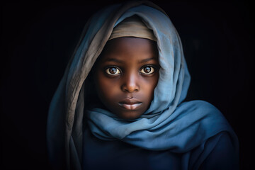 A portrait of a child with expressive eyes wearing a blue shawl, capturing the beauty of African ethnicity.