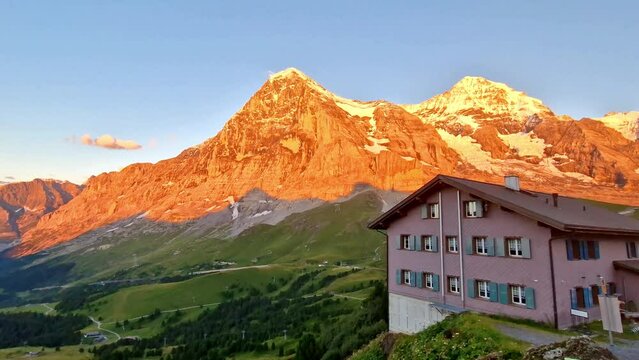 amazing Swiss nature . Kleine Scheidegg mountain pass that runs between the famous Eiger and the Lauberhorn famous for hiking in Bernese Alps. Switzerland travel