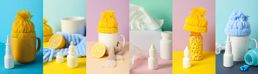 Photo collage with cold remedies and a cup of tea.