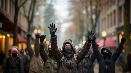 a group of masked people came out with posters to demonstrate the population's protest. A meeting about human rights. copy space. 