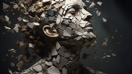 Create a powerful visual representation of a shattered human figure, symbolizing a fragmented identity. Emphasize the intricate details of the broken pieces to evoke a sense of vulnerability - obrazy, fototapety, plakaty