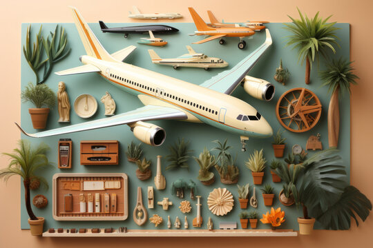 An inviting flat lay presentation featuring an aircraft amidst travel essentials and palm trees, Generative AI