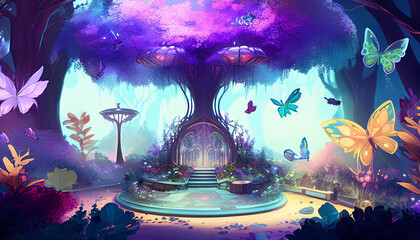 Fantasie Hintergrundbild einer Landschaft magische Zauberwelt mit Schmetterling in Traumwelt neue und Landschaft virtuell irreal 3d Comic Darstellung symbolisch Generative AI 
