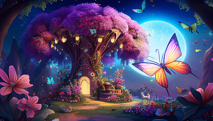 Schmetterlinge in einer Traumlandschaft Fantasiewelt aus Computerspiel Fantasie 3d Comic virtuelle Landschaft wie im Traum mit magischer Baum Generative AI 
