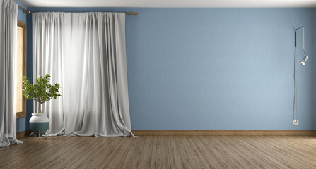 Empty blue room with curtain and hardwood floor