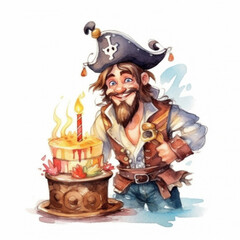 Illustrations in a watercolor style for the design of invitation cards for a children's birthday party in the theme of Pirate Treasures: Male pirate holding cake with candles