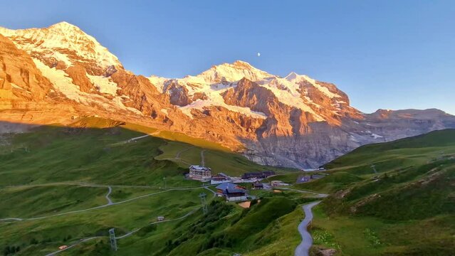 amazing Swiss nature . Kleine Scheidegg mountain pass that runs between the famous Eiger and the Lauberhorn famous for hiking in Bernese Alps. Switzerland travel
