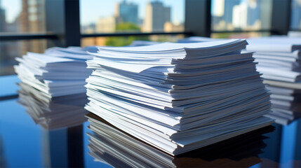 Stacks of paper on a desktop in a high-rise office against the backdrop of the city 