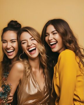 Three Woman Laughing Together Portrait, Solid Yellow Background