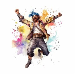 Illustrations in a watercolor style for the design of invitation cards for a children's birthday party in the theme of Pirate Treasures: Male pirate happy jumping