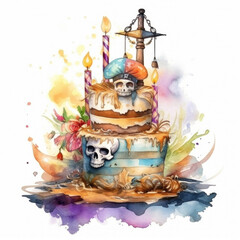 Illustrations in a watercolor style for the design of invitation cards for a children's birthday party in the theme of Pirate Treasures: A birthday cake decorated in the style of pirates