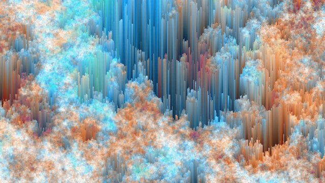 Pixel sorting loop, glitch art. Blue, orange and white abstract background.