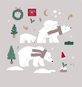 Cute cartoon Christmas bears - mom and baby. Vector illustration with chracter bear in flat style. Holidays print. Winter forest, trees, gifts, bears, baby bear