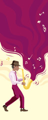 Bright greeting card. Poster of music jazz. Saxophonist. Man plays a saxophone. Vector illustration.