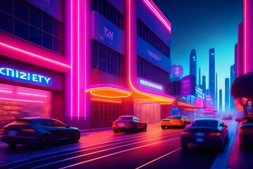 AI illustration of A futuristic cityscape at dusk, showcasing neon lights and skyscrapers, evoking a sense of cyberpunk wonder, in a surrealist style, landscape. - obrazy, fototapety, plakaty