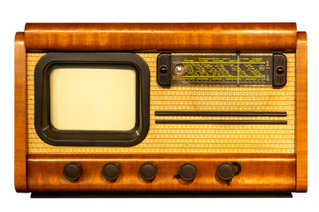 Old vintage wooden radio on white background