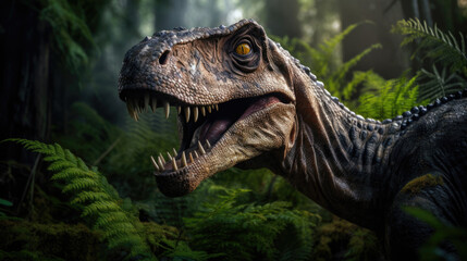A realistic dinosaur in tropical nature, terrifying