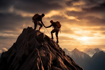 Hikers Helping Each Other On Mountain Sunset Background
