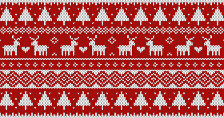 Christmas sweater knitted pattern with deer and trees. White ornament on red background. Vector design. 